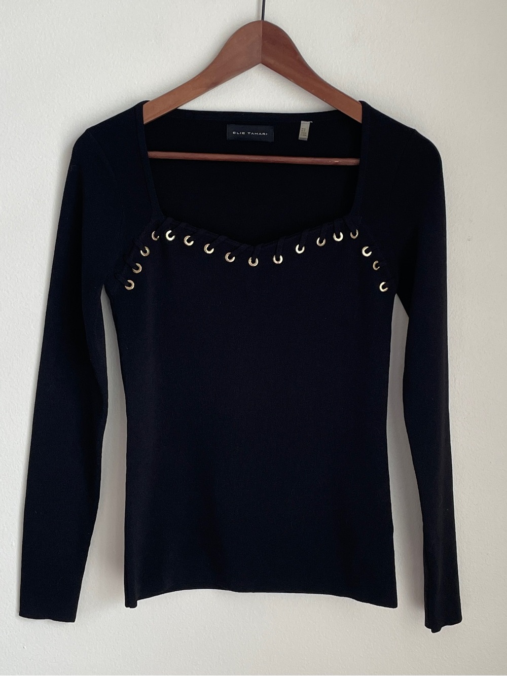 Elie Tahari Black Square Neck Sweater Top Gold Eyelet Trim Long Sleeve Small